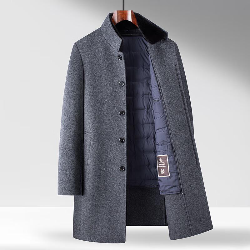 Fapai Men's Mid-Length Down Woolen Coat with 70% Merino Wool Collar & Detachable Liner