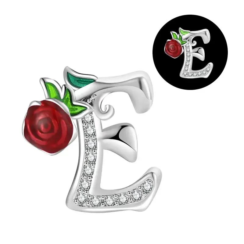 Copper 26 Letter A-Z Red Rose Charms Luminous Bead Fits Genuine Bracelets Do-It-Yourself Beautiful Jewellery Beautiful Gift For Women
