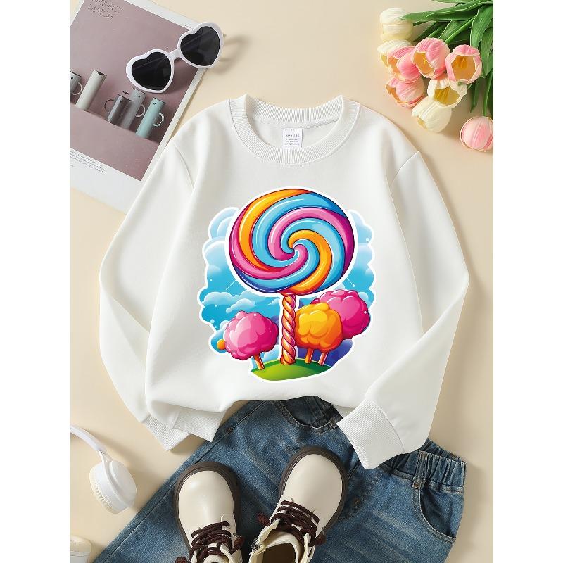 Kids Sweatshirt Youthful Crewneck Sweatshirt Featuring a Vibrant Candy Lollipop Tree Scene, Washable in a Machine