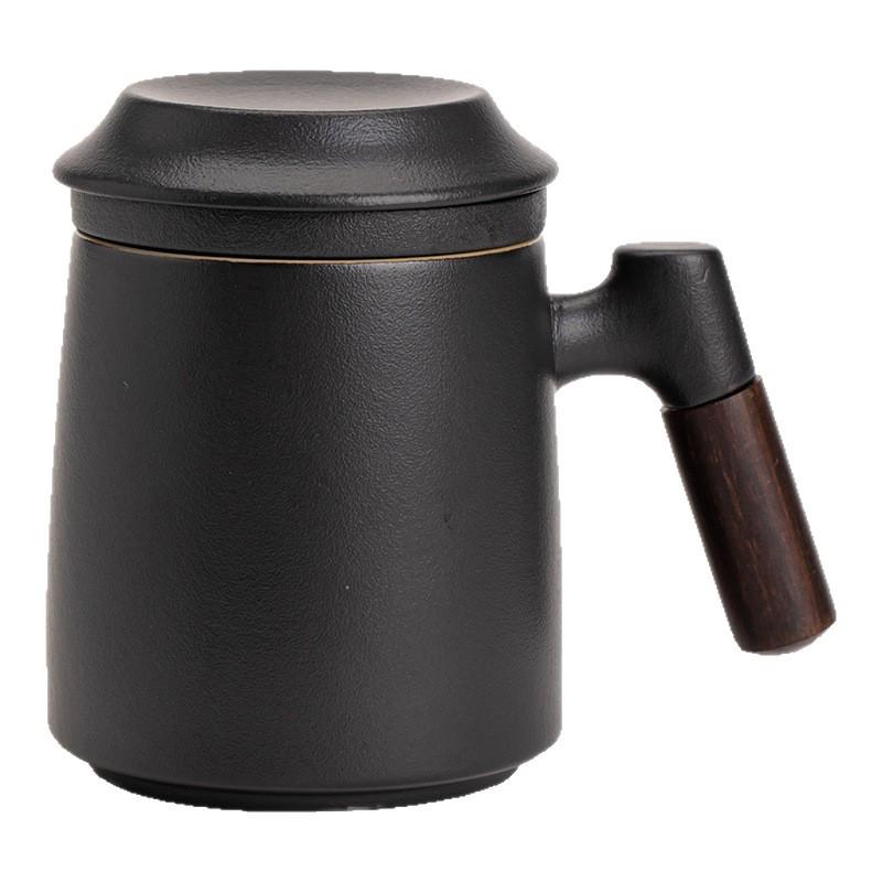 Black Pottery Ceramic Mug with Lid and Liner - Tea & Water Separation Cup, Ideal Office Gift