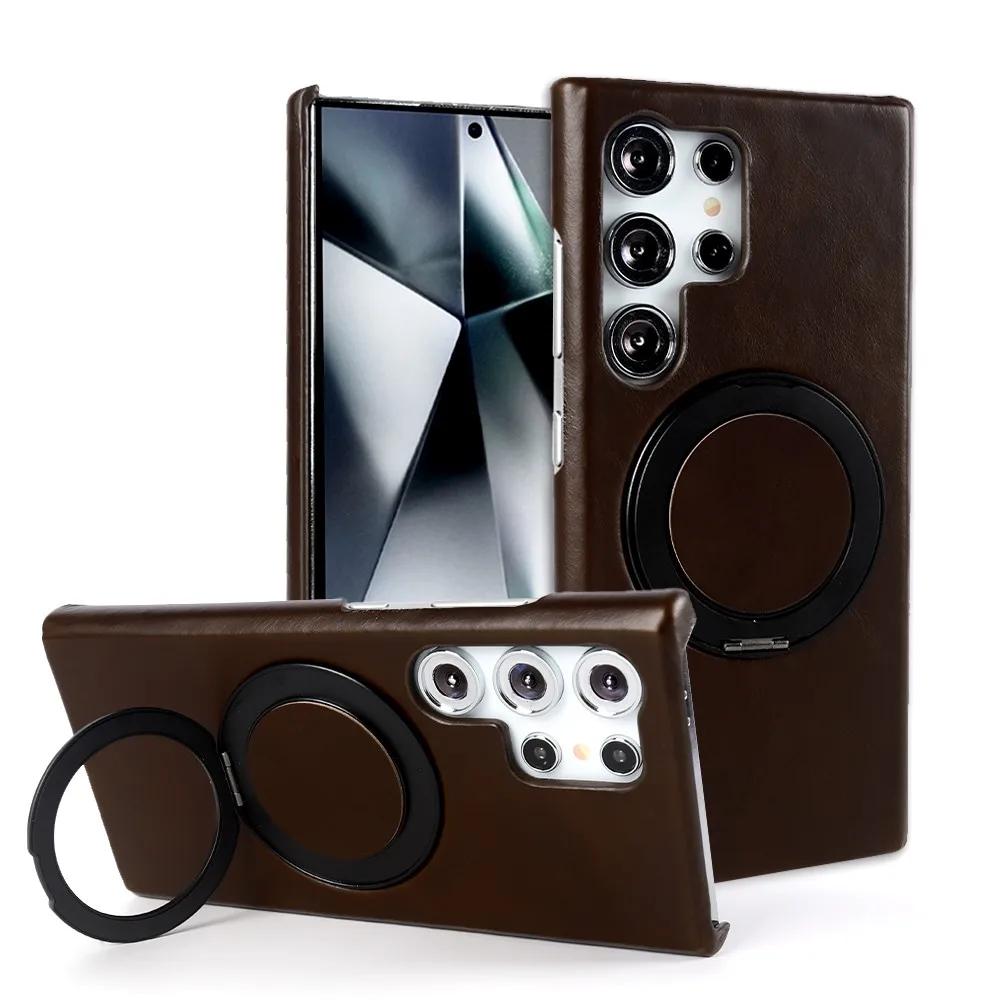 Luxury Genuine Leather Case For Samsung Galaxy S24 Ultra S23 S22 S21FE S20 Note20 S23FE Magnetic Ring Stand Bracket Phone Cases