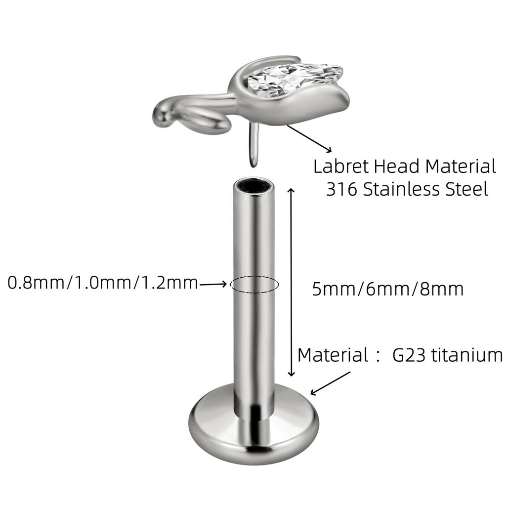 G23 Titanium Threadless Piercing16G/18G/20G  Heart Shape Flower Push Pin Labret Lip Ring Stud Piercing Earring Zircon