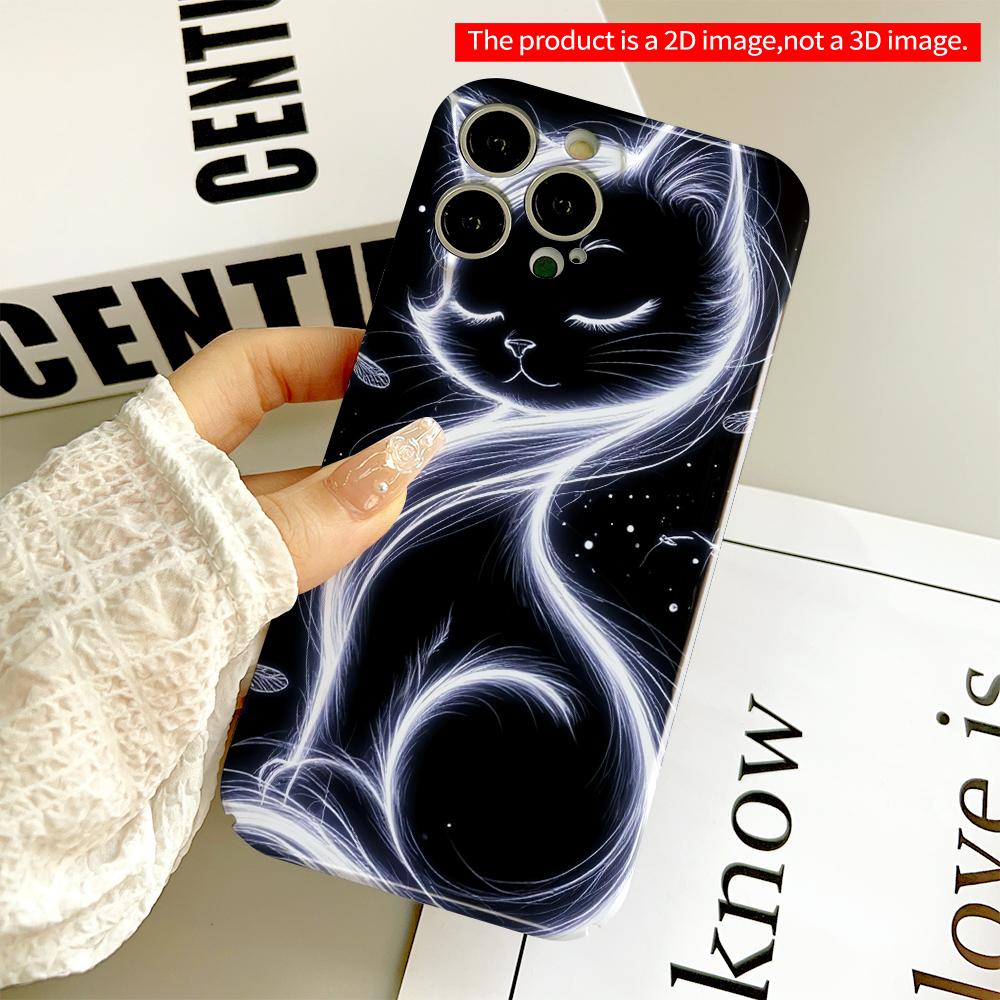 2DFlat Glowing White Cat & Fireflies Night Art Phone Case All Inclusive Film Hard Phone Case, Compatible with iPhone 18 Pro Max 17 16 15 14 13 12 11