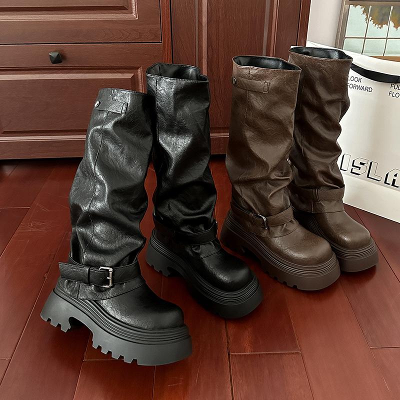 Retro Maillard Boots Women's 2025 Spring and Autumn New Fat Mm Thick Leg Pants Boots Small Height Increasing Knight Boots