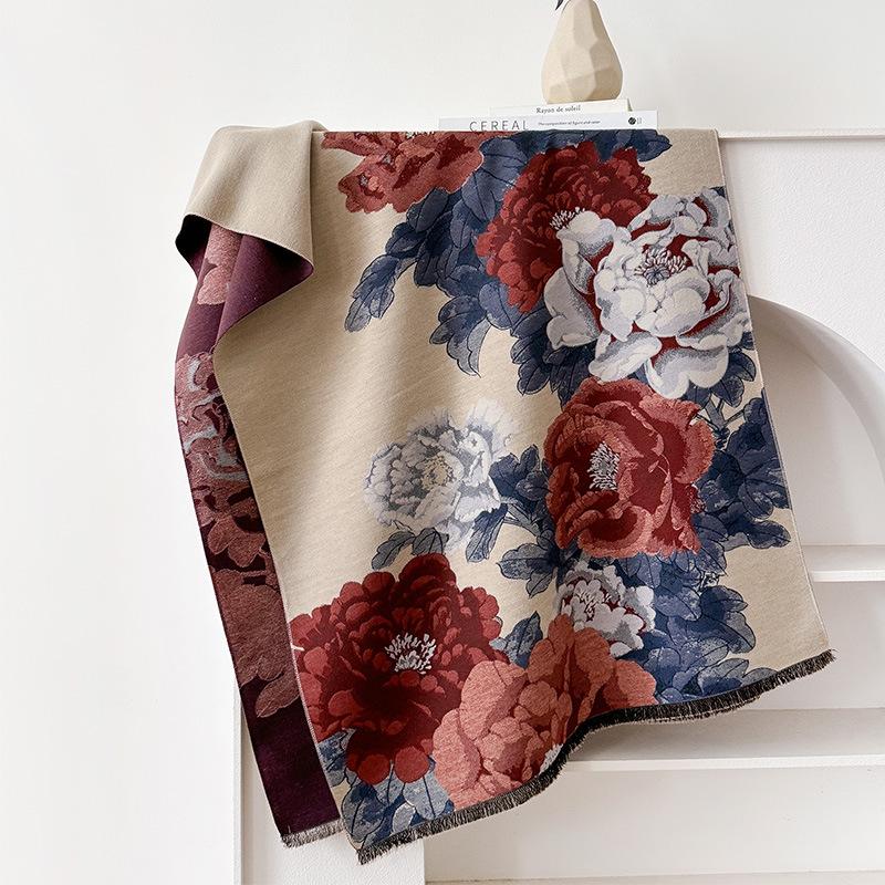Scarf Imitation Cashmere Peony Print High-End Temperament Contrasting Colors Autumn And Winter Double-Sided Scarf Scarf Scarf