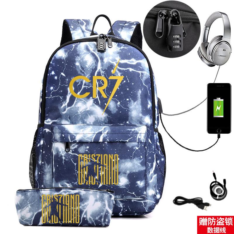 Star Peripheral Printing Cr7 Schoolbag Leisure Travel Multi-Functional Backpack Student Pencil Case Two-Piece Set