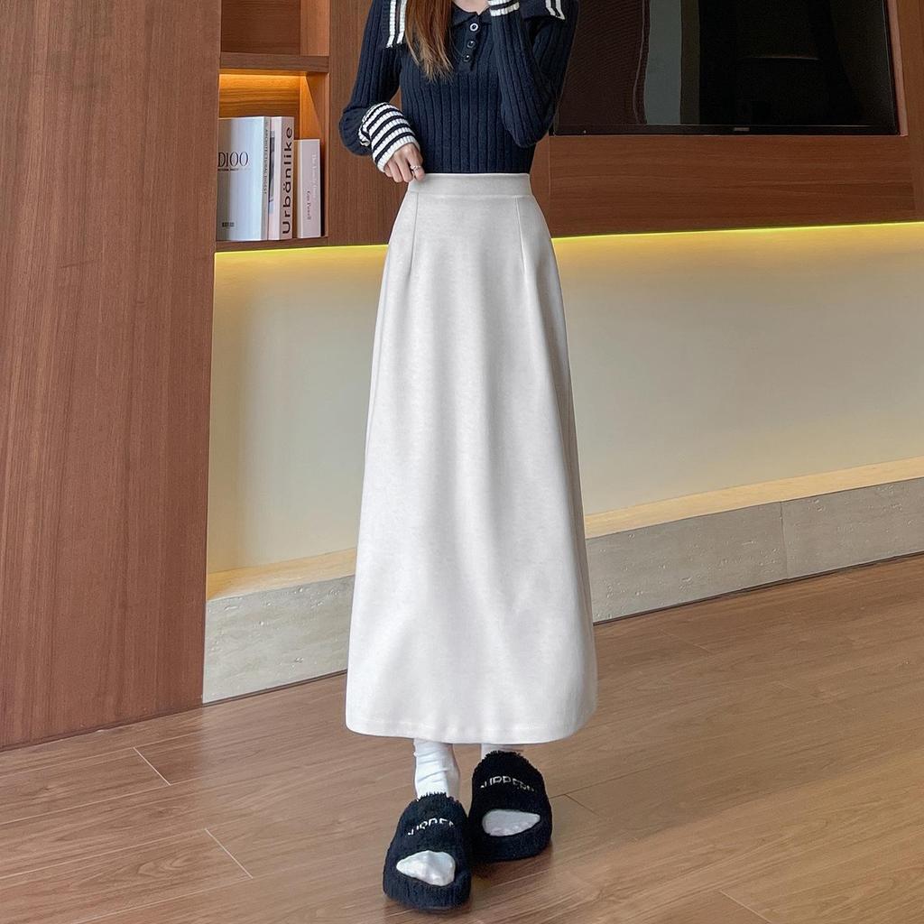 Khaki Wool High-Waist Slimming Midi Skirt for Women - A-Line, Hip-Hugging, Spring/Autumn 2026