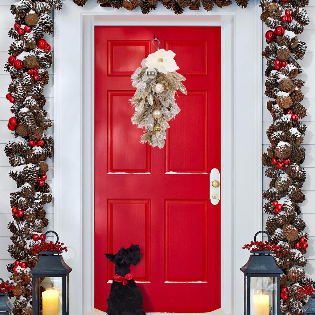 Hanging Farmhouse Glitter Artificial Flower Door Swag Xmas Teardrop Swag with Balls Pine Cone for Wall Front Door Party