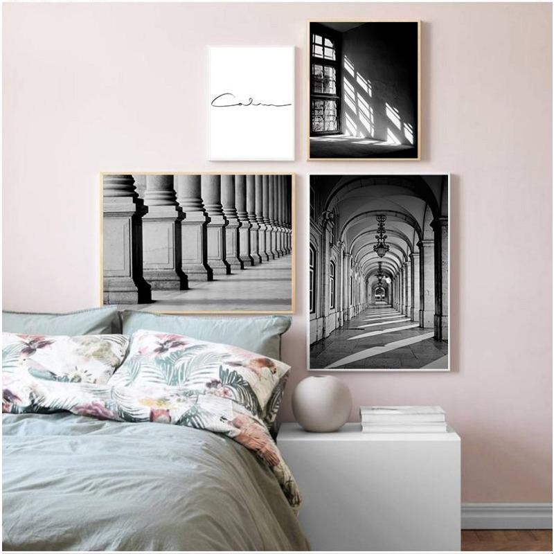Scandinavian Black and White Building, Canvas, Painting for Girls, Wall Art S, Prints, Wall Panels for the Living Room,