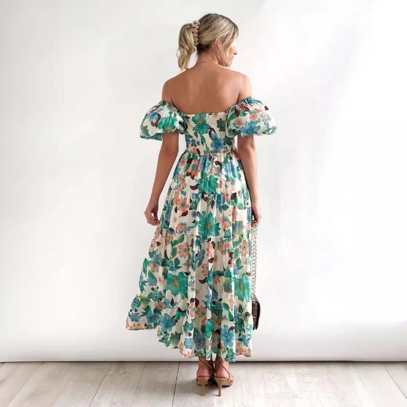 Women's Fashion Summer Spring Flower Pattern Print Short Sleeve One Shoulder High Waist Casual Dresses