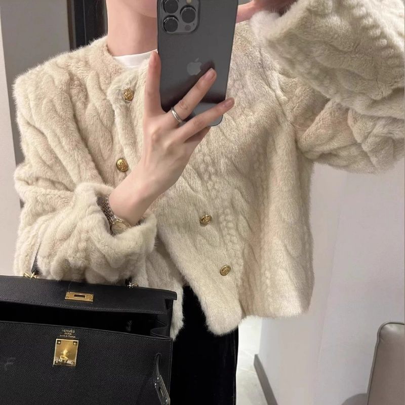 

Осенне-зимняя новая утолщенная шуба из искусственного меха, женское пальто с круглым вырезом, двубортное, короткое, свободного кроя XL [125-70kg]