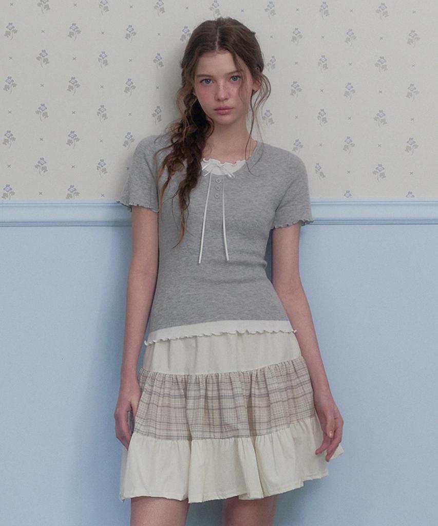 Teuwi Bet Ribbon Color Block Layered Short Sleeve Knit