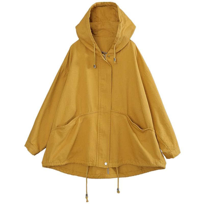 DIMANAF 2023 Femmes Longueur Coupe-Vent femme Grande Irrégulière Coréenne Ample À Capuche Mode Jaune Grande Taille Point Ouvert