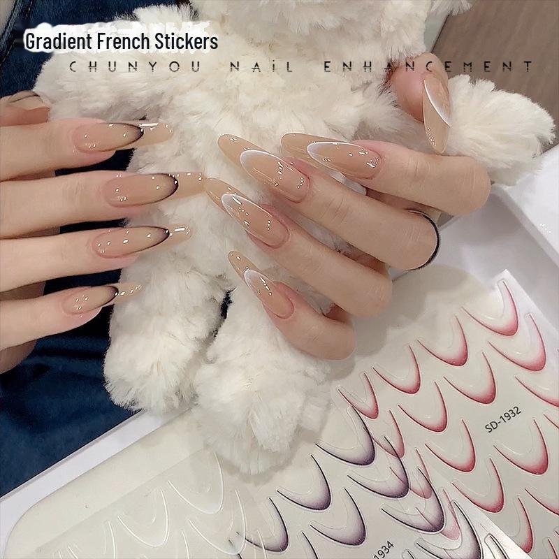 French Gradient Nail Stickers: Red, Black, White Striped Decals