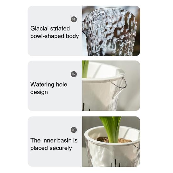 Flowerpot PET Highly Transparent Self-Watering Planter with Glacier Pattern Double-Layer Design Breathable Inner
