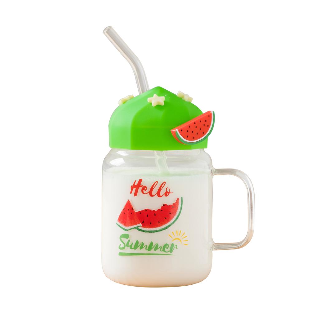 Beautiful Summer Transparent Fruit High Temperature Glass Cup Cute Large Capacity Cover Straw Student Female Milk Breakfast Cup Office