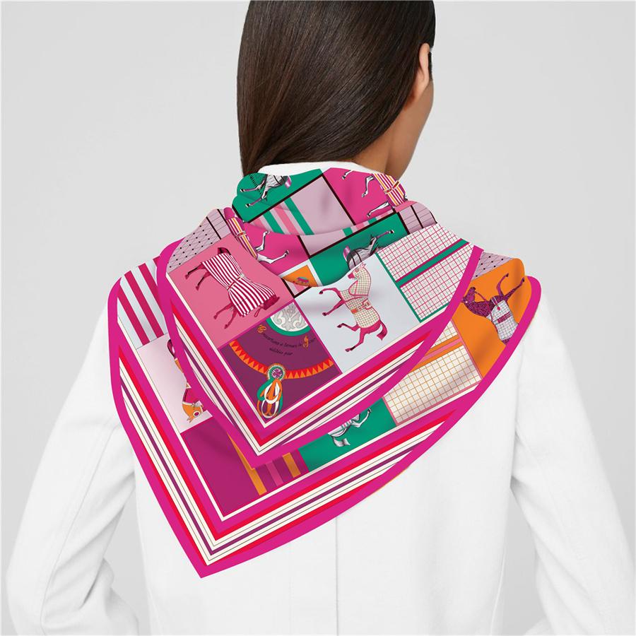 Silk Scarf Women Horse Print Square Scarves Head Echarpes Silk Foulards Femme Wraps Beach Shawl Bandana Lady Hijabs 90CM