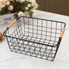Metal Desktop Storage Basket White Black with Wood Handle Vegetable Fruit Snack Holder Large Capacity Rectangle