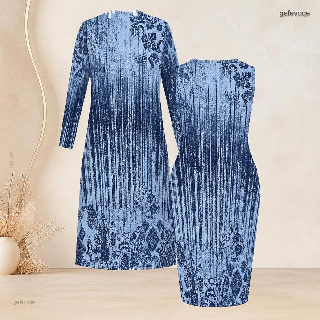 Women Plus Size Printed Two Piece Set Long Sleeve Open Front Cardigan Sleeveless Bodycon Dress