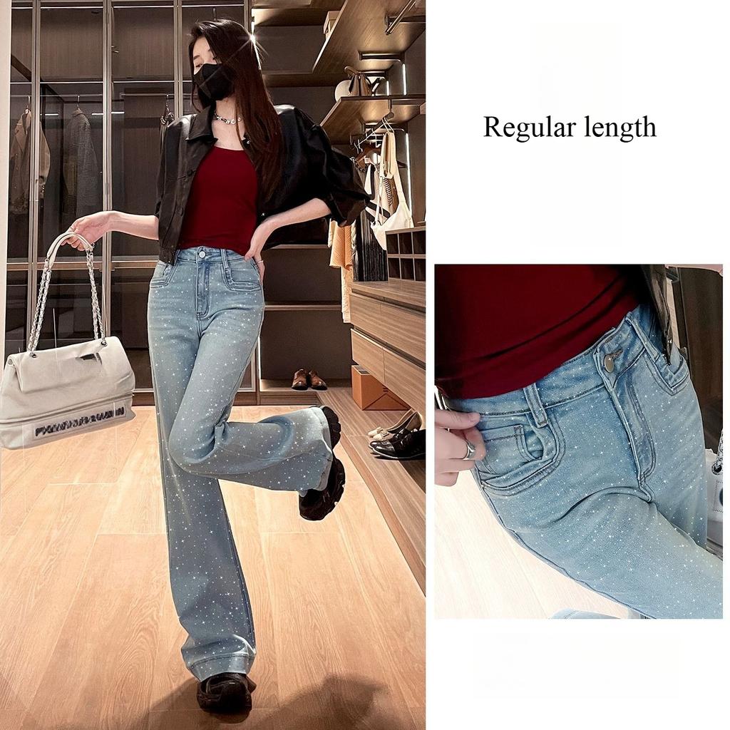 Spring Summer Platinum Glitter High Waist Slim Hide Figure Light Tone Floor Sweeping Micro Flare Denim Pants Ladies Casual Oversize Denim Trousers