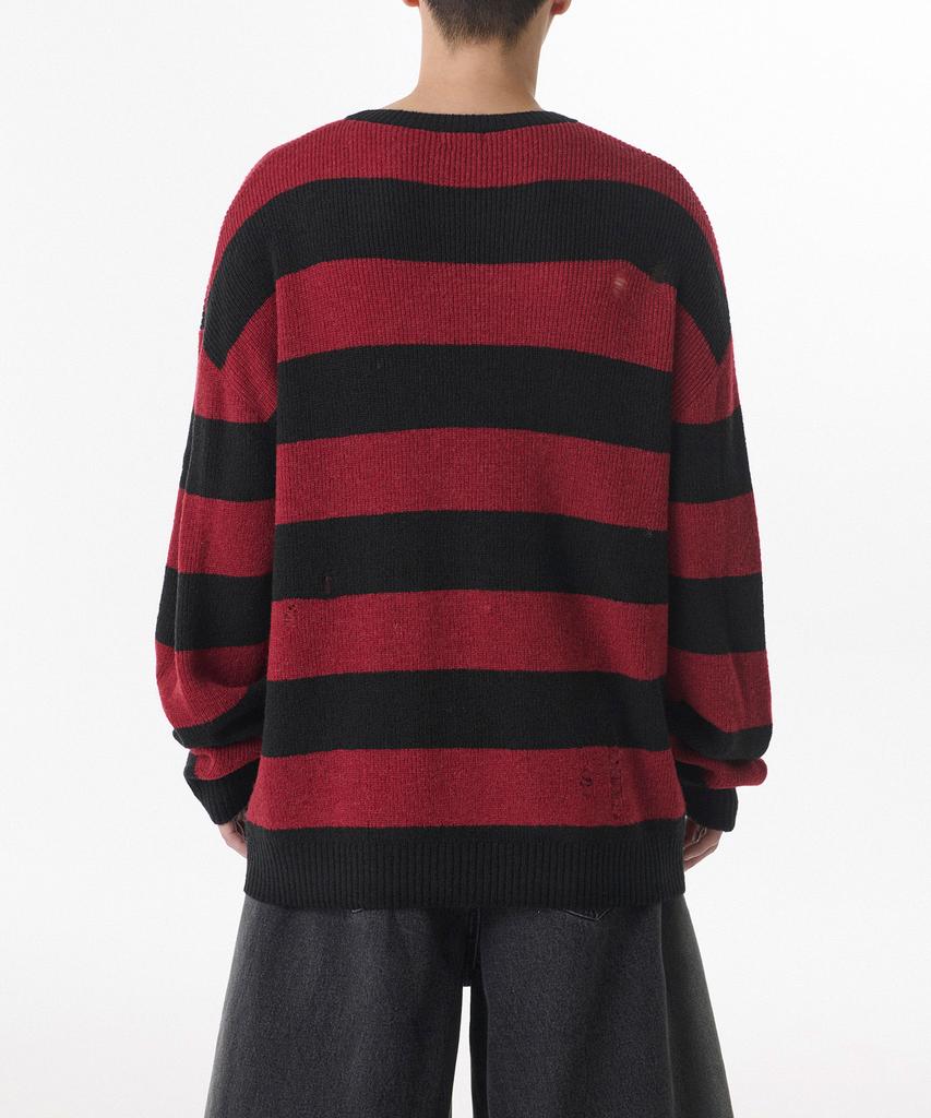 MUSINSA STANDARD 90S Grunge Stripe Crew Neck Knit [Red/Black]