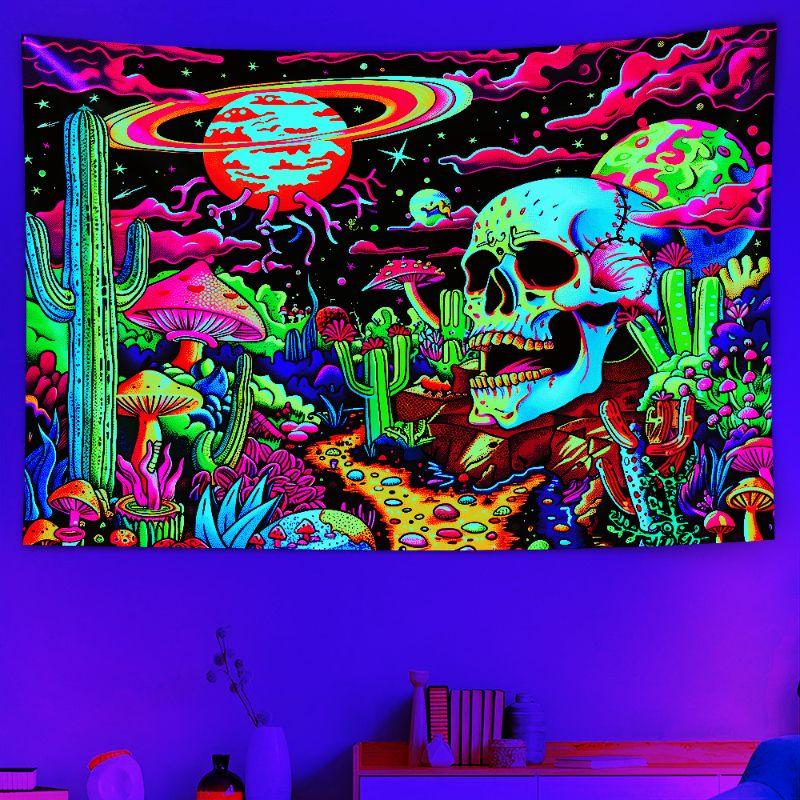 Skull Mushroom Wall Tapestry Blacklight Neon Aesthetic Room Decor Hanging Art for Bedroom Dorm Living Room Home Decor