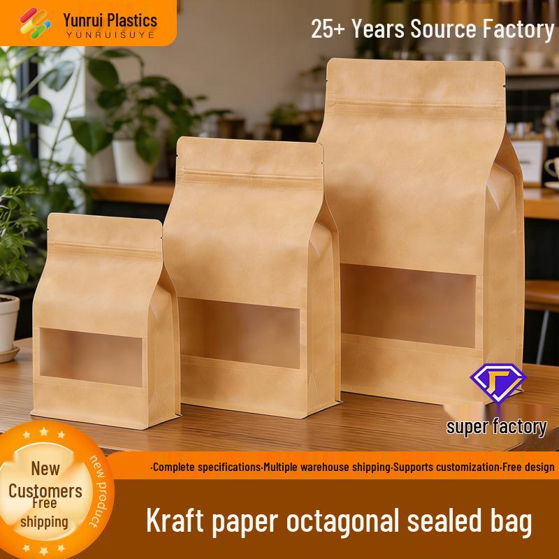 Yellow Kraft Octagonal Seal Bag with Frosted Window - Stand-Up Zipper for Snacks, Beef Jerky, Tea 10*20+3cm Double-sided 32 silk