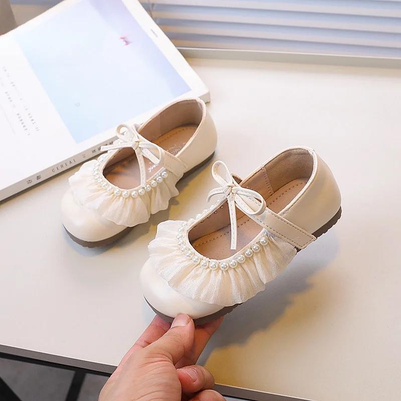 New Sweet Girl Leather Shoe Lace Pleated Children's Flats Elegant Versatile Kids Causal Princess Wedding Party Shoes Soft Bottom