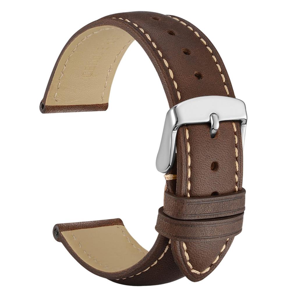 WOCCI 20mm Watch Strap, Vintage Genuine Leather Watch Band (Dark Brown with Contrast Stitching), Includes Adjustment Tool and Spring Bars