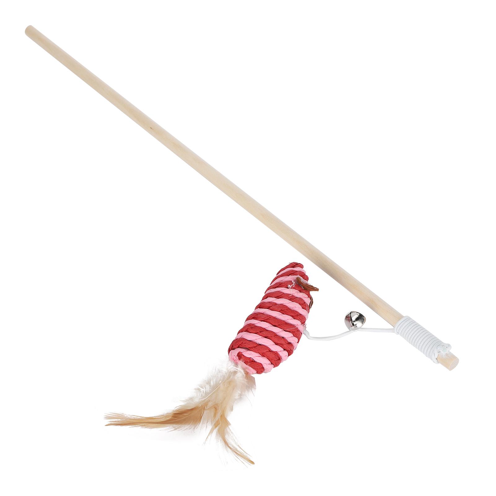 

Pet Cat Wooden Teaser Wand Toy Stick Pole with Feather Bell Mouse Interactive Toys