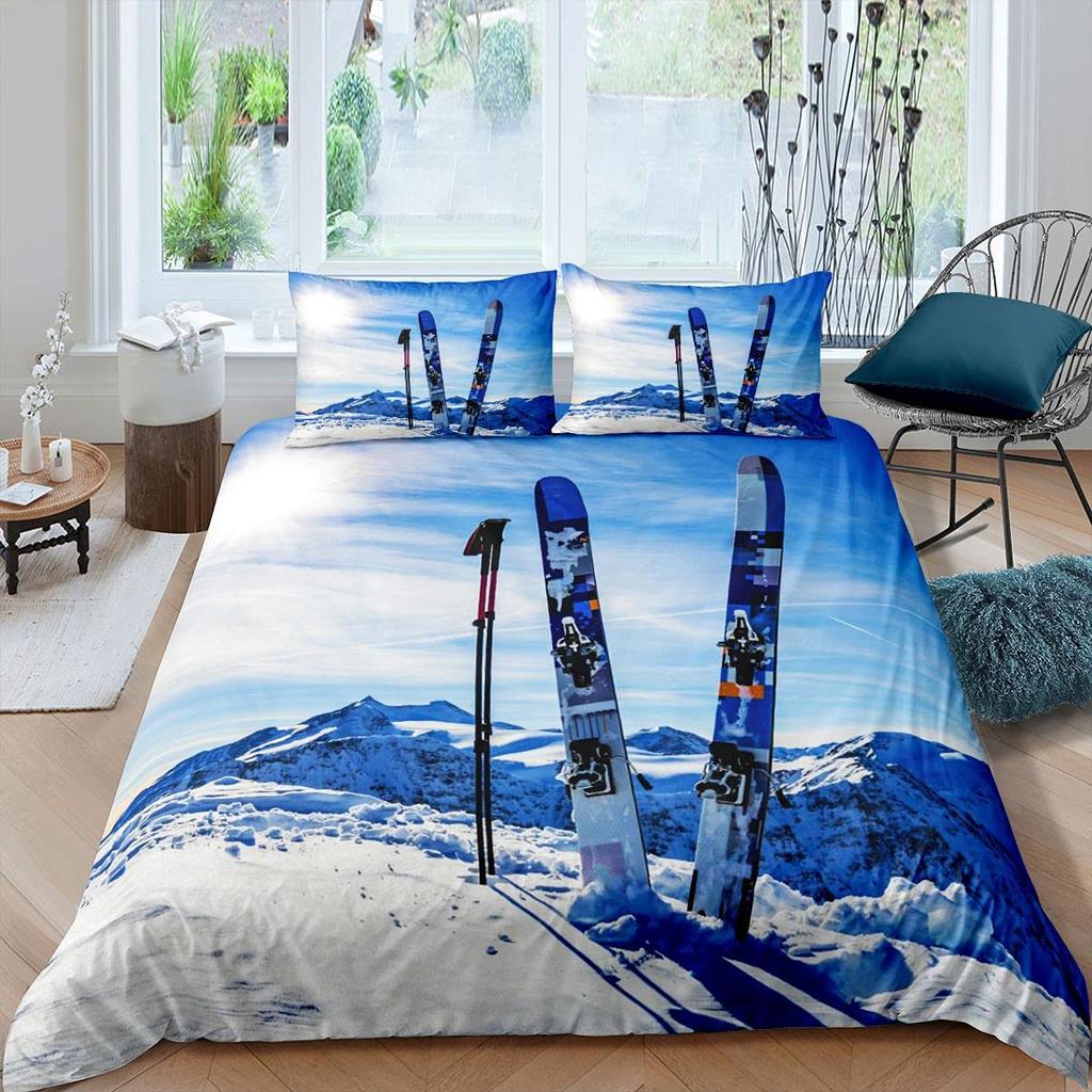 Winter Ski Sports King Queen Duvet Cover Snow Skiing Bedding Set Cartoon High Mountain Landscape 2/3 Pcs Blue White Quilt Cover