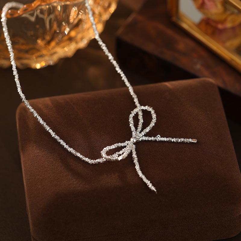 Banyan Tree S925 Silver Bow Necklace - Exquisite Korean Clavicle Chain for Women