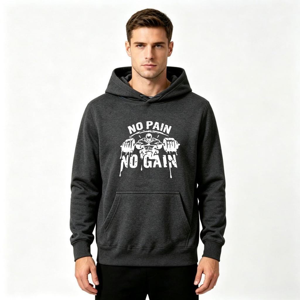 Men's No Pain No Gain Weight Lifting Graphic Print Hoodie Casual Long Sleeve Pullover Hooded Sweatshirt Gym Workout Streetwear Tops