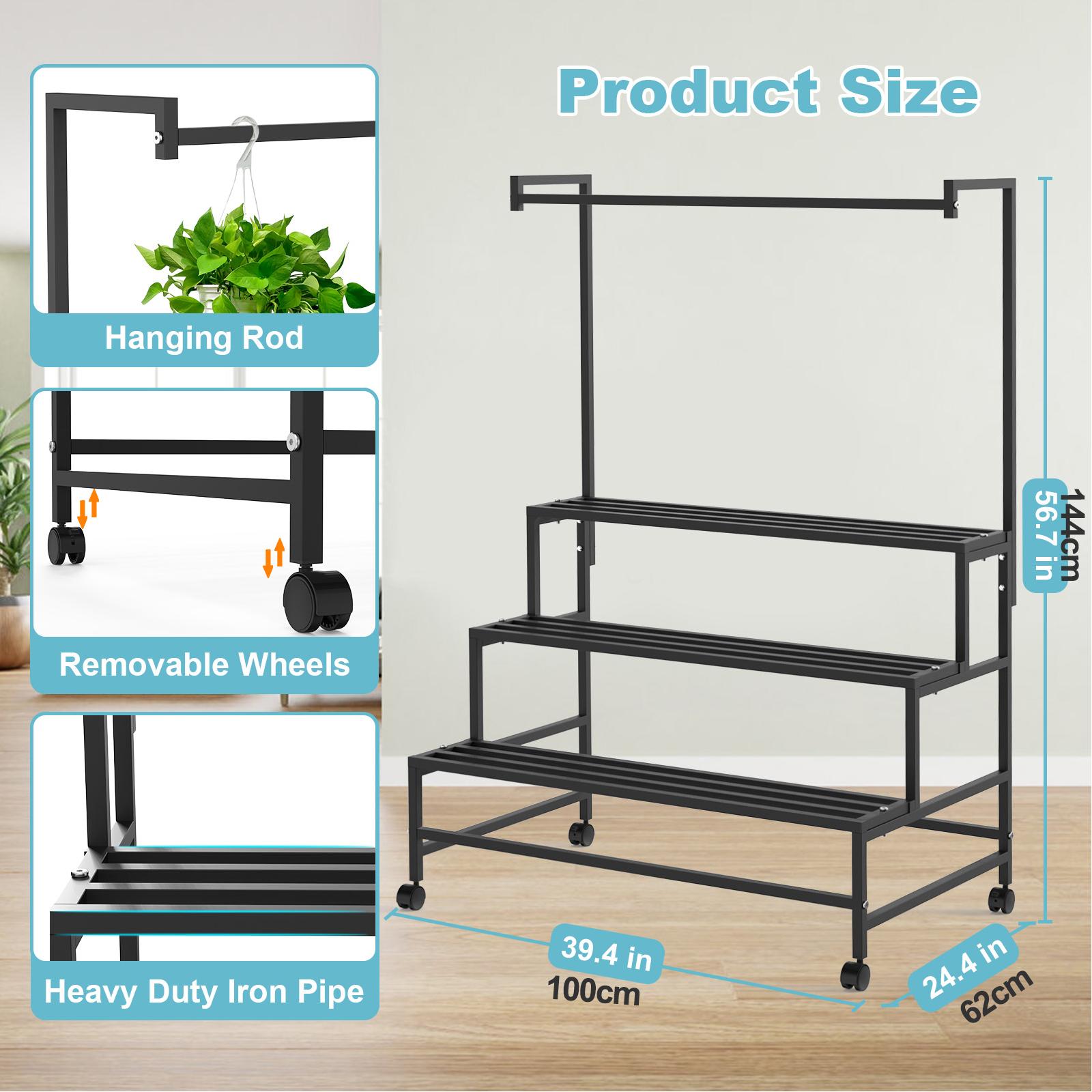 

Подставка для растений с колесами, прочная металлическая 3-уровневая лестница, держатель для подвесной полки, подставка для горшков, органайзер для растений, гостиная, сад