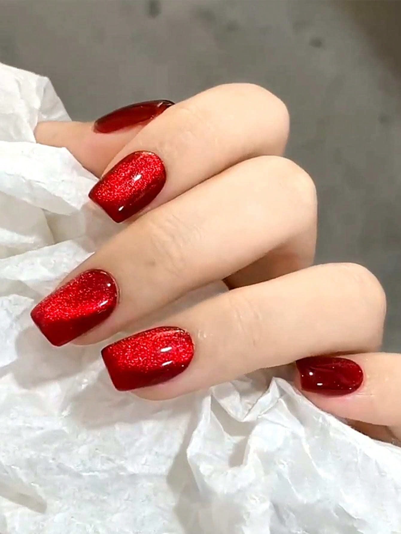 24 штуки кровяно-красных кристаллических накладных ногтей в стиле Y2K, квадратной формы, с эффектом «кошачий глаз», полное акриловое покрытие. бордовый