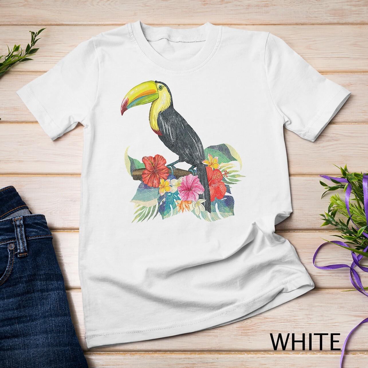 

Vintage Retro Style Tropical Flowers Leaf Birds Toucans Premium Unisex T-shirt 3XL