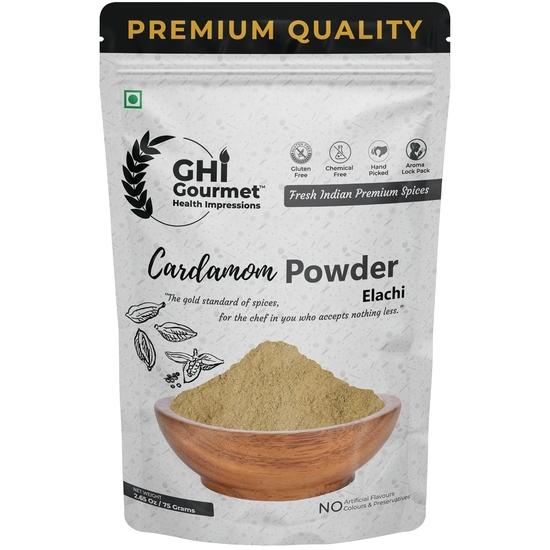 GOURMET HEALTH IMPRESSIONS Superior Grade Cardamom (Elaichi) Powder 75g - Intensely Aromatic, Finely Ground, Non-GMO 75GM