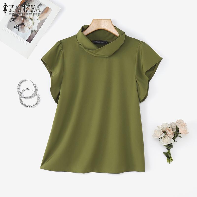 ZANZEA Women Stand Collar Summer Casual Ruffles Short Sleeve Blouse