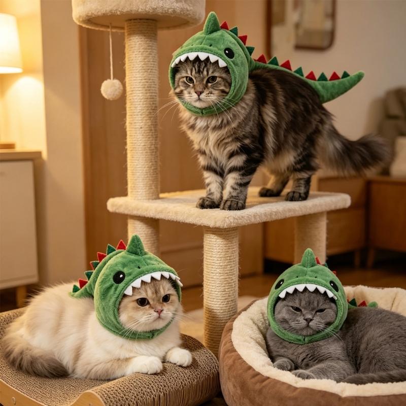Plush Cats Dinosaur Costume Hat Headgear for Pet Cats, Comfortable Cosplay Headpiece for Party Dressingup, Daily Styling, Fit 3-7Kg