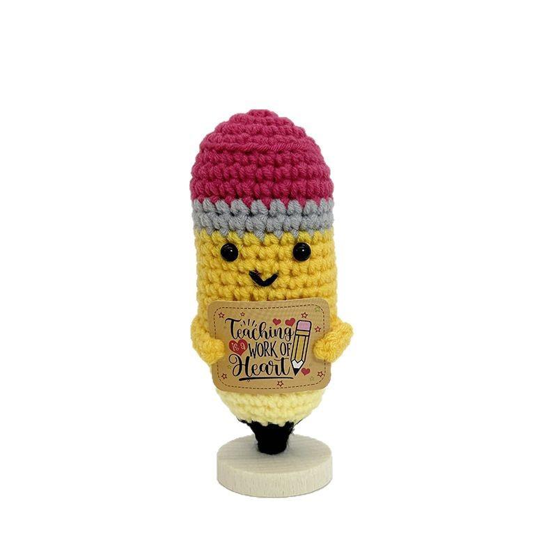Cute Crochet Emotional Support Pencil Doll Handmade Wool Knitted Positive Energy Potato Doll With Card Desktop Ornament Gifts