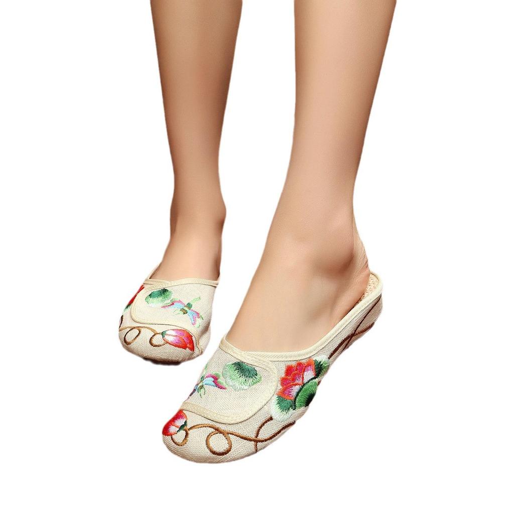 Floral Embroidered Summer Flat Slippers for Women