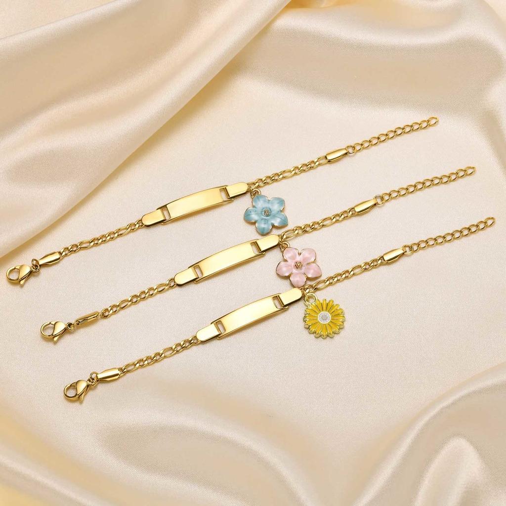 Free Customized Date Name Bar ID Bracelets, Stainless Steel Sunflower Cherry Blossom Personalized Gifts