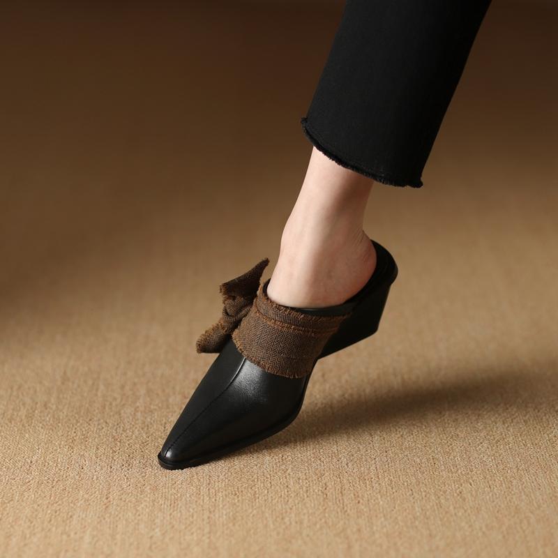 Fashion Women's New Summer Baotou Genuine Leather Cowhide High Heels Large Pointed Retro Bow Muller Slippers