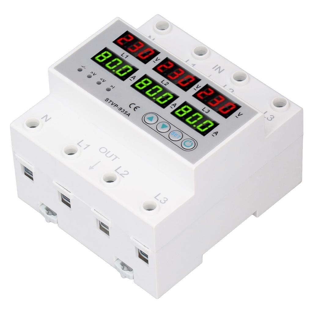 Over Under Voltage Protector 80A 3 Phase Auto Reset Voltage Protective Device DIN Rail Voltmeter Amm