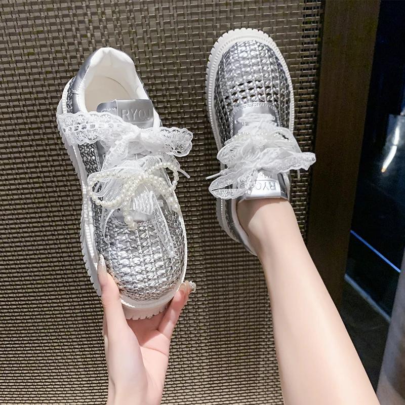 Shoes for Women 2025 New Summer Hollow Out Thick Bottom Women Sneakers Casual Breathable Solid Lace Up Women's Vulcanize Shoes