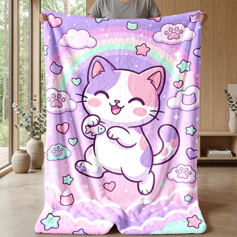 Rainbow Kitten Fantasy Theme Blanket Lightweight Warm Flannel Blanket Decorative Throw Blanket for Home Decoration
