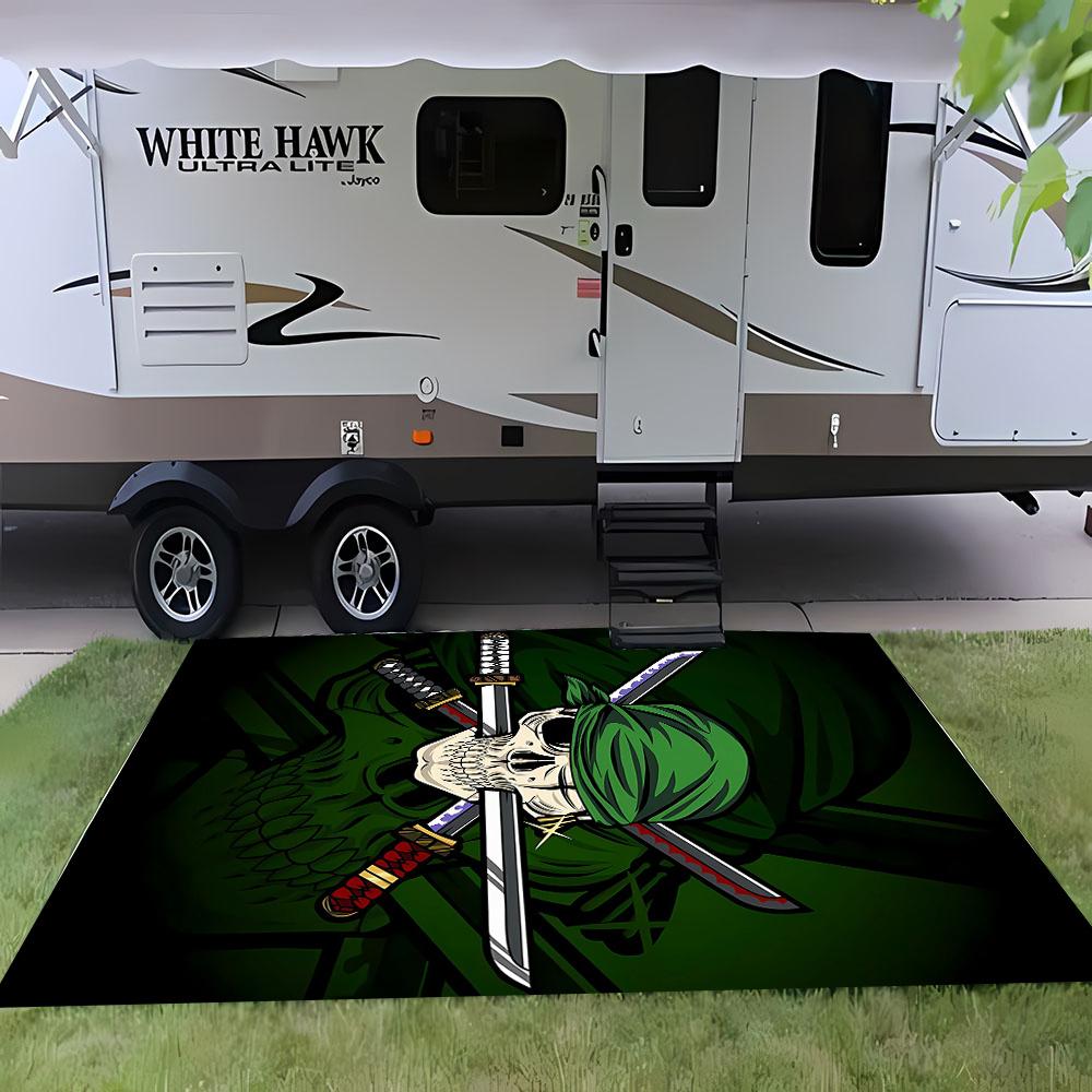 RV Camping Mat,Anime-Style Print with Three Long Knives Stabbed into a Skull Wearing a Pirate Bandana,Suitable for Outdoor Camping,Picnics,L