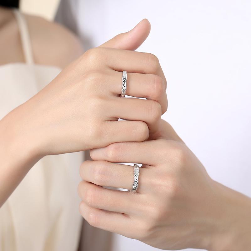 Kleiner Prinz & Rose Sterling Silber 999 Partnerringe - Koreanischer Stil, Hochwertige gehammerte Textur, Verstellbar.