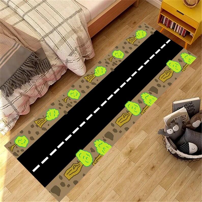 Race Track Themed Runner Rug Non Slip Hallway Carpet for Boys Bedroom Living Room Asphalt Road Pattern Durable Floor Mat Decor