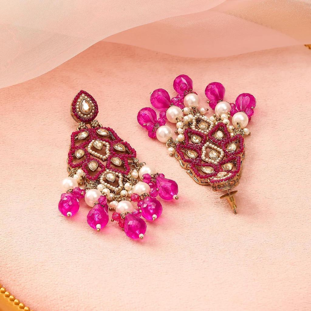 Long Chandelier Dangler Earrings Kundan & Pearl Traditional Ethnic Jewellery for Women & Girls